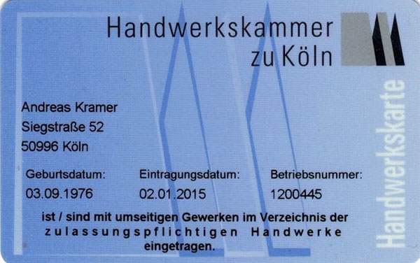 Andreas Kramer ist Mitglied der Handwerkskammer zu Köln